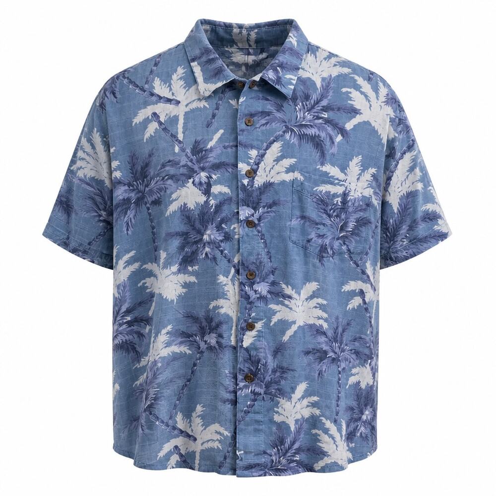 Vintage Sideout Destinations Hawaiian Shirt XXL Blue PalmTree Rayon Cotton Blend